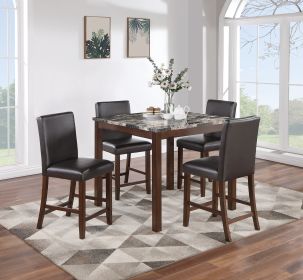 Classic Stylish Espresso Finish 5pc Counter Height Dining Set Kitchen Dinette Faux Marble Top Table and 4x High Chairs Faux Leather Cushions Seat